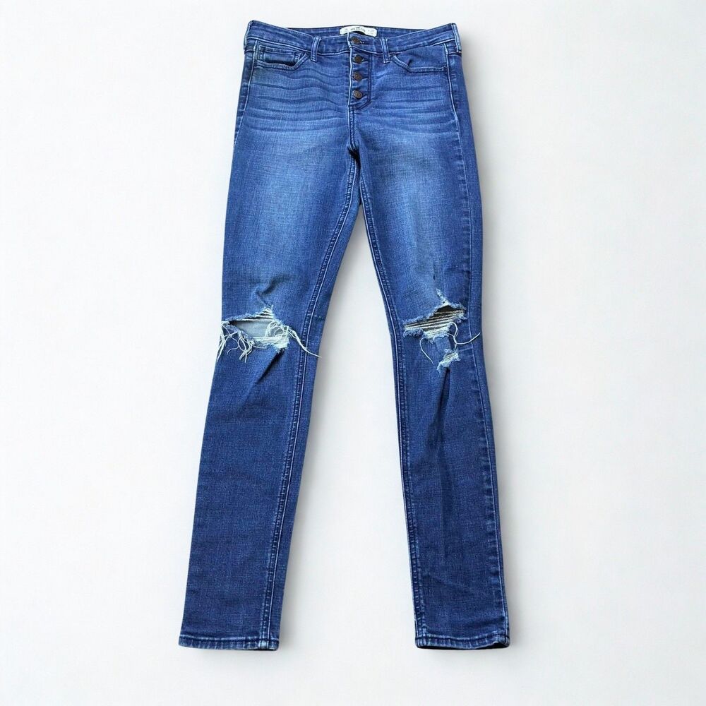 Hollister Jeans Womens 7R W28 Skinny Distressed Ripped Button Fly Blue Denim